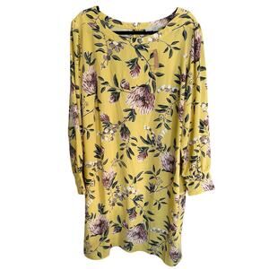 NWT, Loft Plus, Size 20, Yellow Floral Shift Dress, Knee Length, Long Sleeves